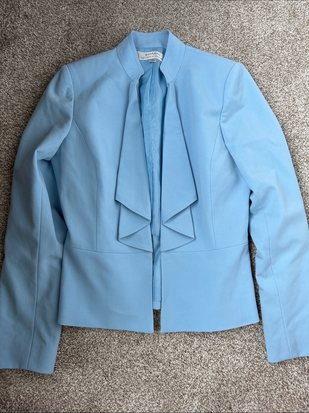 Tahari ASL Light Blue Ruffle-Detail Collarless Blazer